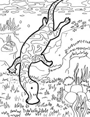 Black and white coloring page of a prehistoric creature.