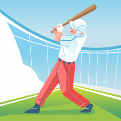 A baseball player hits the ball with a bat on field. Baseball player in action. Flat vector illustration