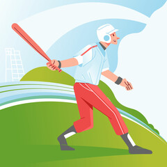 A baseball player hits the ball with a bat. Baseball player in action. Flat vector illustration