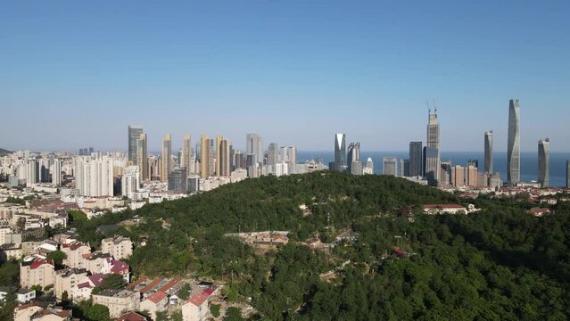 Panoramic aerial photography of Qingdao coastline bay area scenery