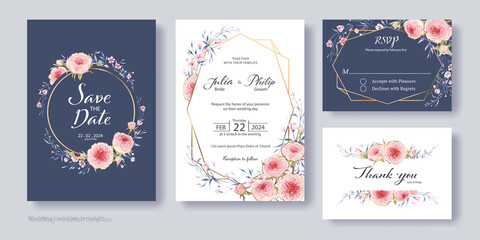 Floral wedding Invitation, save the date, thank you, rsvp card template. Vector.Roses and Wax flower. Watercolor style