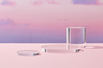 Front view of transparent podium with blank space in purple gradient cloudy sky background abstract content