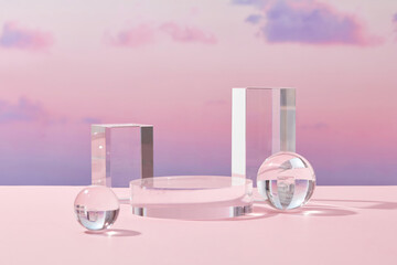 Front view of transparent podium with blank space in purple gradient cloudy sky background abstract...