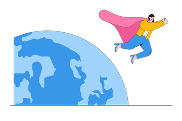 Superhero lady to point direction for future success, world woman leader, feminism or female CEO to lead international company concepts. Businesswoman superhero flying around the world planet earth