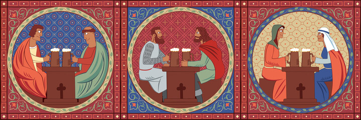 Triptych set. Medieval characters drink beer in a tavern. Stylization of an old book miniature - obrazy, fototapety, plakaty