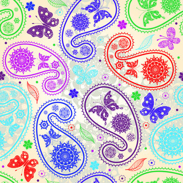 Seamless light pattern with colorful butterflies and translucent paisley. Vector eps 10
