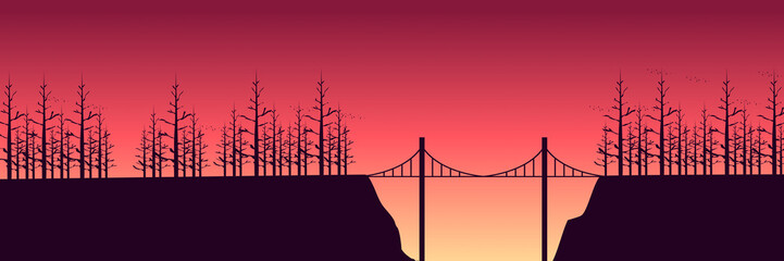 landscape of bridge with pine tree silhouette flat design vector illustration good for wallpaper, background, backdrop, banner, web, panorama, travel, tourism and design template