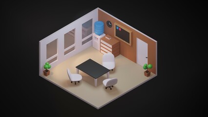Isometric office room on black background. 3d render illustration