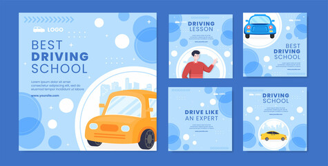 Car Driving School Post Template Social Media Flat Cartoon Background Vector Illustration