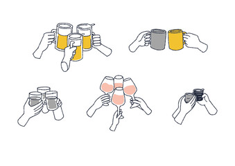 乾杯をする人々の手のアイコン　コミカルな手書きの人物　ベクター、線画にカラー