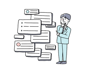 仕事の効率化のためオンラインシステムを構築する男性　コミカルな手書きの人物　ベクター、線画にカラー