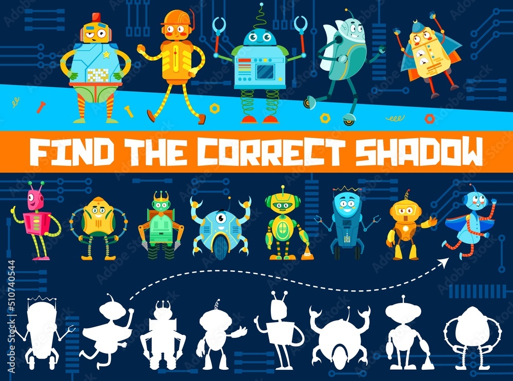 Aufkleber find correct shadow of cartoon funny robots, match game worksheet, vector puzzle. kids logic game to