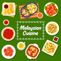 Malaysian food restaurant vegetable and meat meals menu cover. Tofu Tauhu Sumbat, chicken potato soup Nyonya and sesame beef, Gado Gado and Kerabu Timun salad, Sambal Telur, Kuih Keria donut vector