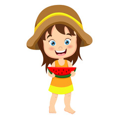 Cartoon little girl holding a watermelon