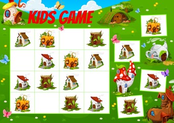 Sudoku game worksheet with vector stump, stone, pumpkin and wooden roof cartoon houses. Kids education block puzzle or quiz on green grass background with fairy dwellings and hut of gnome and elf