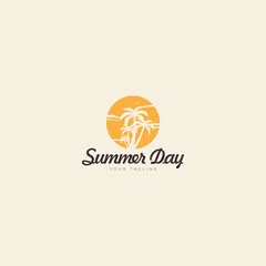 coconut tree with sun in summer logo vector circular icon symbol illustration design