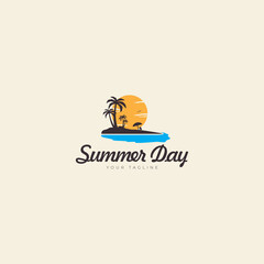 holiday logo design on the beach and island with coconut trees  summer  vector icon symbol illustration
