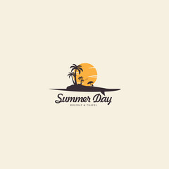 beach and island vacation logo design with coconut trees surfboard summer vector icon symbol illustration