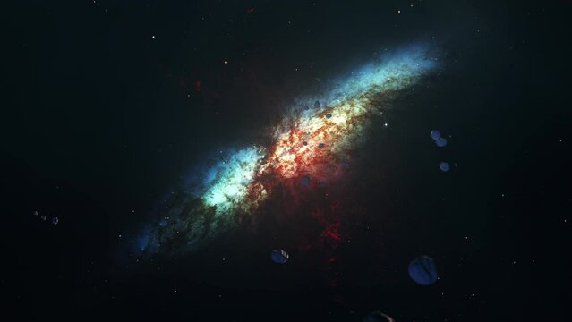 Space flight outer space exploration travel to The Small Magnificent starburst galaxy messier 82 Cloud. 4K 3D loop space exploration to he Small Magnificent starburst galaxy M82