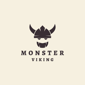 Viking warrior monster head logo with horned helmet vector icon symbol illustration design