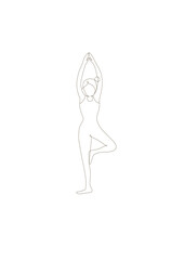Continuous line drawing of woman standing in yoga pose with arms above head