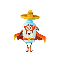 Fototapeta premium Cartoon mexican pulque superhero character of vector drink. Cute glass bottle of agave plant beverage guard personage with sombrero hat, super hero mask, red cape and belt giving salute
