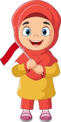 Cartoon muslim girl holding an Indonesian Flag
