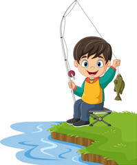 Cartoon little boy fishing on the lake