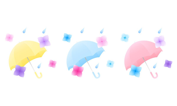 グラデーションがきれいな紫陽花と傘と雨のベクターイラスト