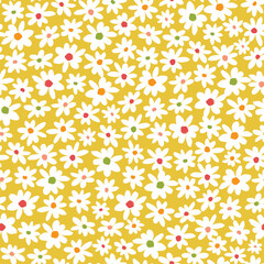 Vector yellow and white scattered fun daisy flowers repeat pattern with colourful center. Suitable for textile, gift wrap and wallpaper.