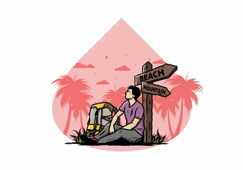 Man sit on the ground beside the way sign beach and mountain illustration