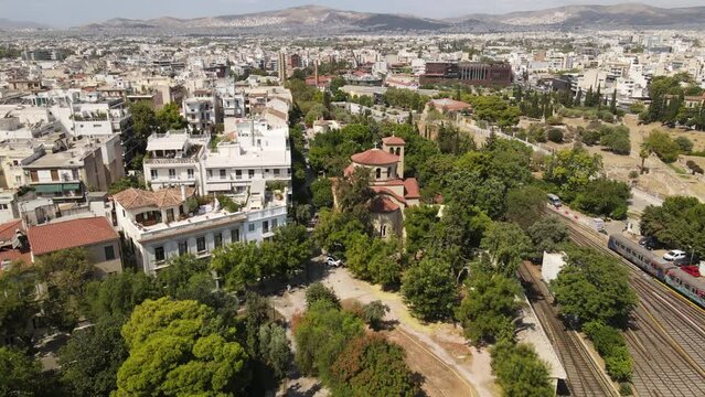 Aerial View of Holy Church of Saint Athanasios in Thissio, Athens, Greece, Drone Aerial View