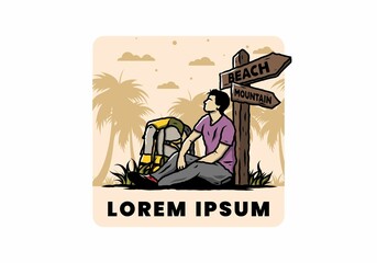 Man sit on the ground beside the way sign beach and mountain illustration