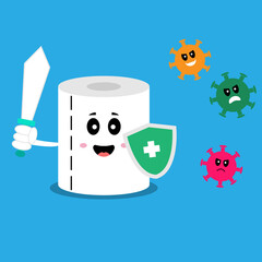 Toilet paper with sword and shield fight with bacteria microorganism virus. hygiene health mascots, suitable for hygiene and health products.	