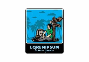 Man sit on the ground beside the way sign beach and mountain illustration