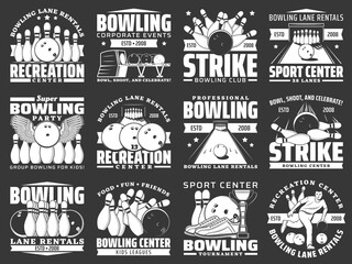Bowling sport icons with vector bowling alley, balls, skittles. Bowling game player throwing ball, tournament winner trophy cup, strike pins and shoes isolated monochrome symbols of sport club design - obrazy, fototapety, plakaty