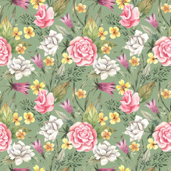 Watercolor floral pattern with hand drawn roses, buttercups, bluebells and fresh herbs. Delicate floral background in vintage style. Flowers and herbs texture for fabric, textile, wallpaper.