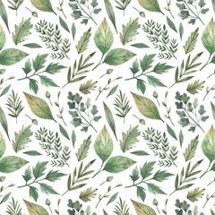 Fototapeta na wymiar Watercolor hand painted seamless pattern with wild leaves and herbs. . Nature rustic background. Herbal illustration for wrapping paper, textile, decorations.
