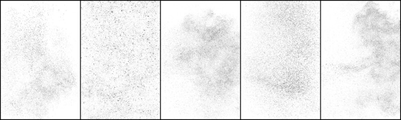 Set of distressed black texture. Dark grainy texture on white background. Dust overlay textured. Grain noise particles. Rusted white effect. Halftone vector illustration, Eps 10.