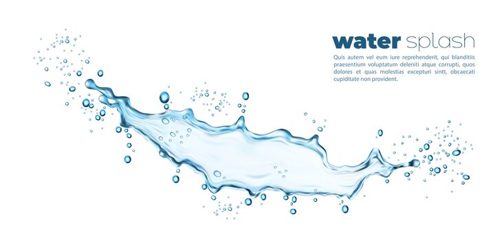 Blue water wave flow splash with drops of realistic water splatter, vector clean aqua. Pure water long flow or spill pour with splashing fizzy droplets of fresh crystal sparkling drink