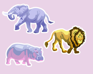 Fototapeta na wymiar Africa animals sticker set Elephant, behemoth, lion