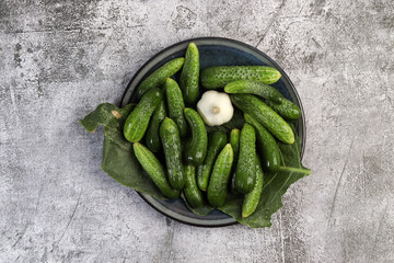 Ripe fresh cucumbers, ready to pickle on a round plate on a dark gray background. Top view, flat lay