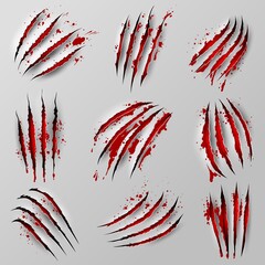 Claw marks scratches with blood, isolated vector wild animal bloody nail rips. Tiger, bear or cat paws sherds with red spots. Lion, monster or beast break, four slash traces, realistic 3d marks set - obrazy, fototapety, plakaty
