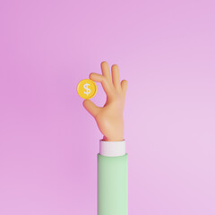 3D rendering of a cute hand holding a coin illustration	
