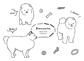 ポメラニアン　犬の手書きイラストセット　線画