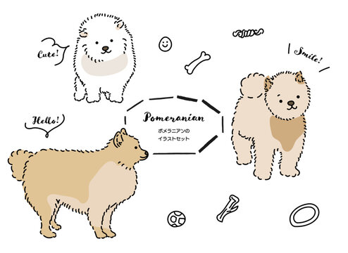 ポメラニアン　犬の手書きイラストセット