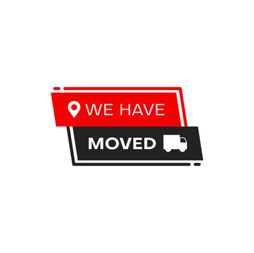 We have moved icon or sign with moving service truck and location pin. Office and home address change or new location announcement icon, business relocation isolated red black symbol with map pointer