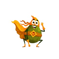 Cartoon funny avocado superhero character, isolated vector vegetable or fruit super hero. Kids menu food personage in yellow cape and mask waving hand. Fairytale, healthy food