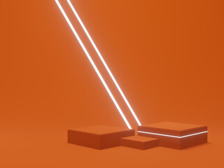 3D product stand. Orange podium with white neon lights.