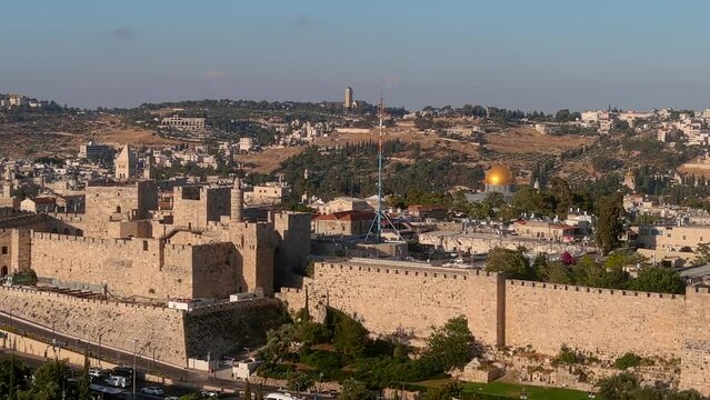 The City of David and Dome of the rock at sunset, aerial view
Beautiful shot from the old city of Jerusalem with David Tower, June, 2022
